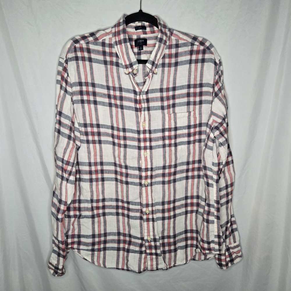 J Crew Linen Slim Fit Shirt Men's XL Plaid Long Sleeve Preppy Americana Coastal
